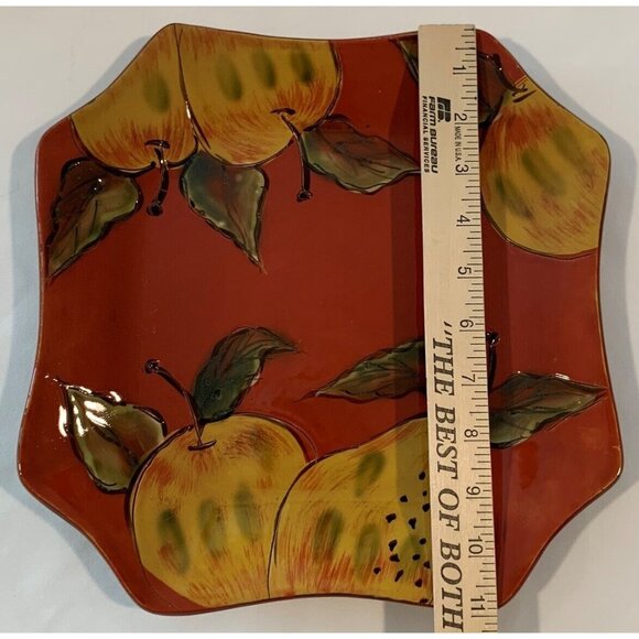 Red Plate Apple and Pear Texture Outline Design Serving Pottery 11 in X 11 in - Picture 10 of 11